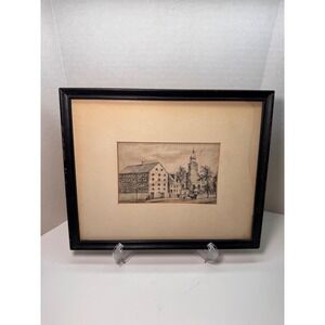 Vintage Lancaster County Framed Town Scene Print Black and‎ White Architecture